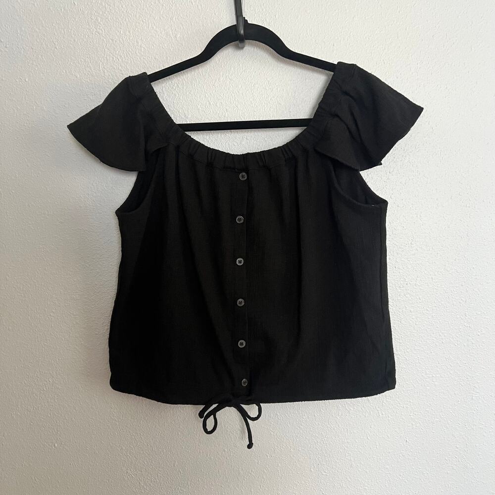 Madewell Off the Shoulder Crop Top Black Scoop Neck Pedal Sleeve Button Tie Sz L